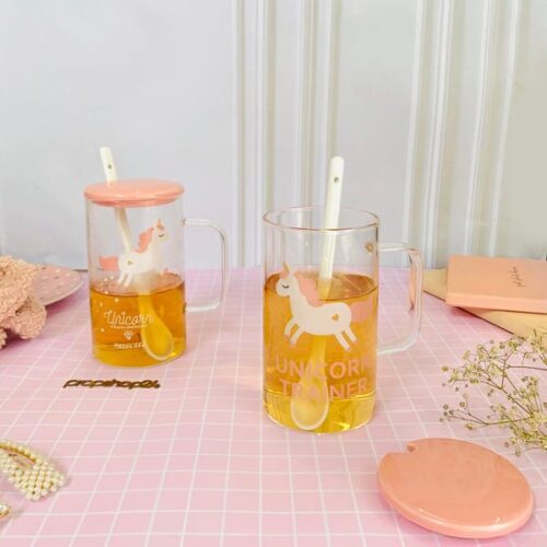 Coffee Mug With Lid And Spoon - Transparent - Unicorn - Pink - Single Piece