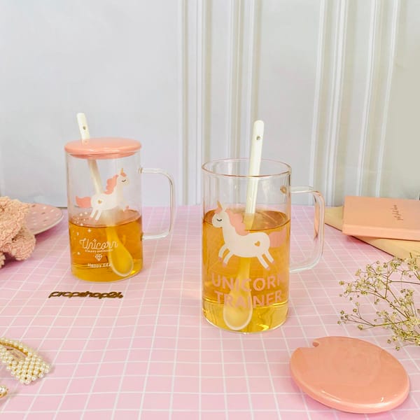 Coffee Mug With Lid And Spoon - Transparent - Unicorn - Pink - Single Piece Coffee Mug With Lid And Spoon - Transparent - Unicorn - Pink - Single Piece